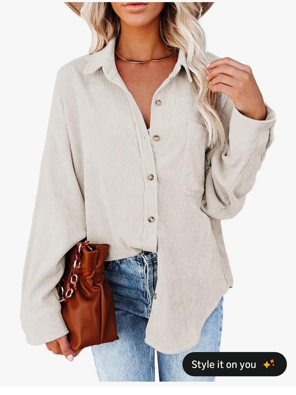 Amazon Women's Cream Button-Down Corduroy Shirt